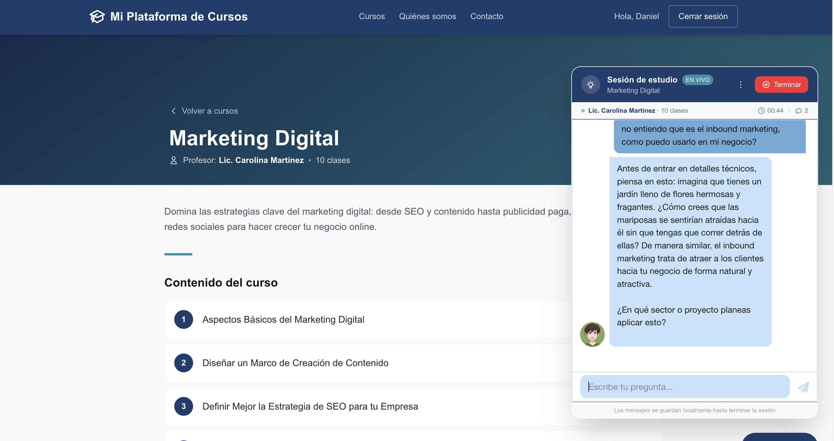 Estudiante interactuando con el asistente de estudio